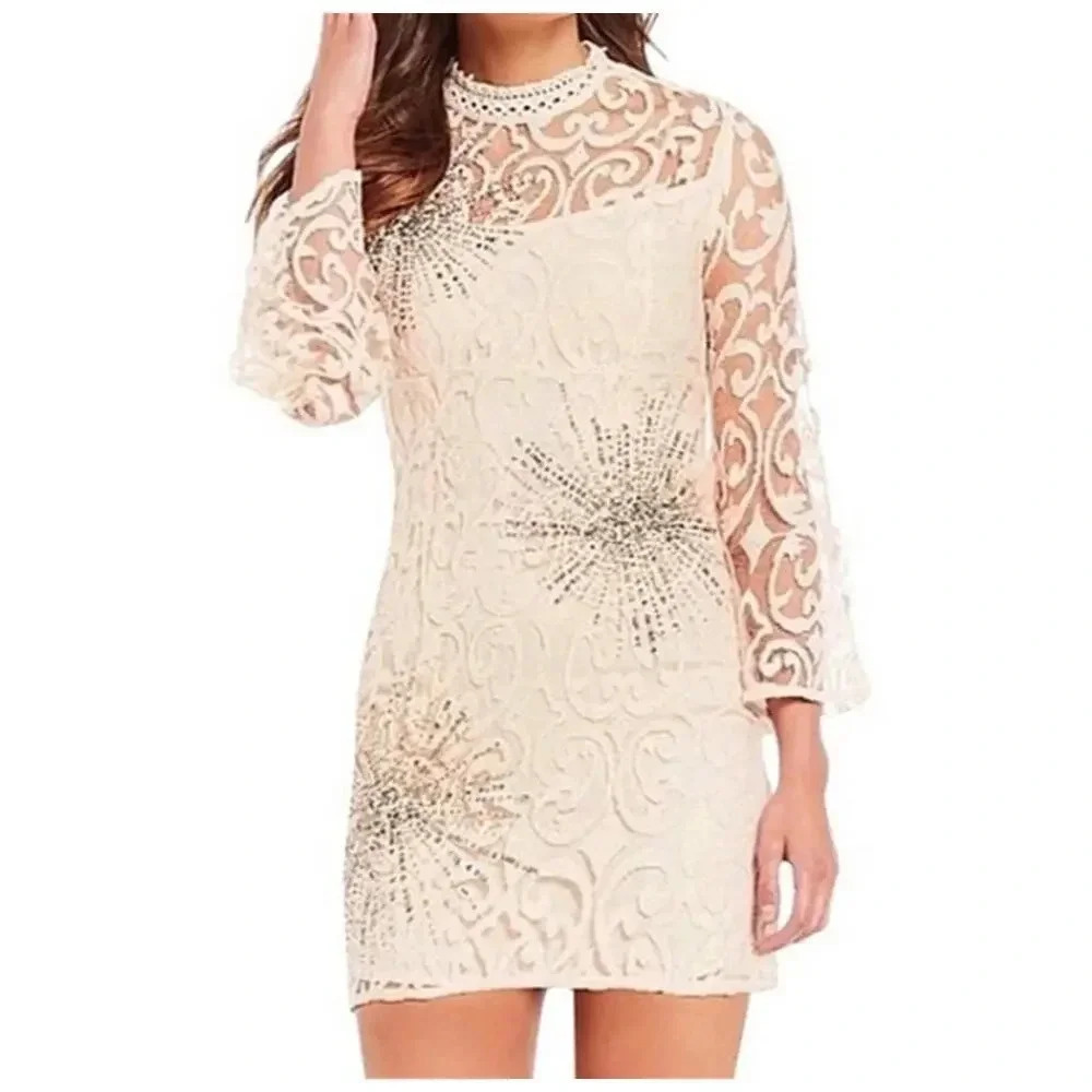 Free People Beige Embellished Mini Dress